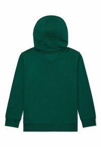 Felpa verde scuro con maniche lunghe, polsini a coste, fascia in vita a coste e cappuccio cucito, mostrata da dietro.
