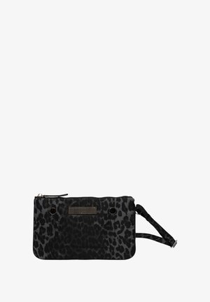 Leopard-print pouch with a black and gray texture, zipper closure, and an adjustable strap. Features decorative studs on the front.