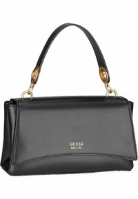 Borsa a tracolla nera in pelle con un design strutturato, dettagli in hardware dorato e una maniglia singola. Presenta il logo del marchio impresso sul davanti.