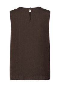 Blouse marron foncé sans manches avec encolure ronde et petite fermeture à bouton en forme de trou de serrure dans le dos.