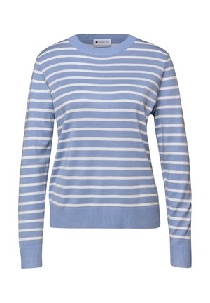 Niebiesko-biały sweter w paski z okrągłym dekoltem, ściągaczami na rękawach i u dołu. Miękki materiał o luźnym kroju, odpowiedni do noszenia na co dzień.