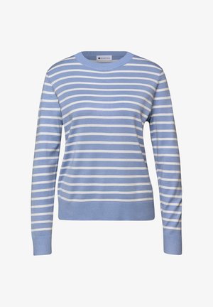 Niebiesko-biały sweter w paski z okrągłym dekoltem, ściągaczami na rękawach i u dołu. Miękki materiał o luźnym kroju, odpowiedni do noszenia na co dzień.