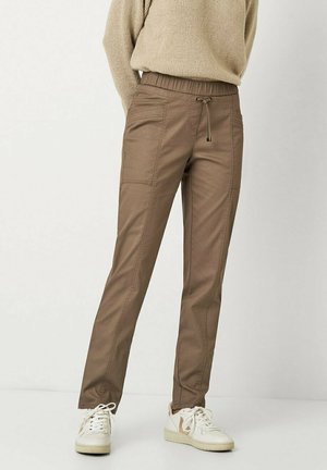 Brown trousers with a drawstring waist, elasticated waistband, and side pockets; made from smooth, lightweight fabric.
