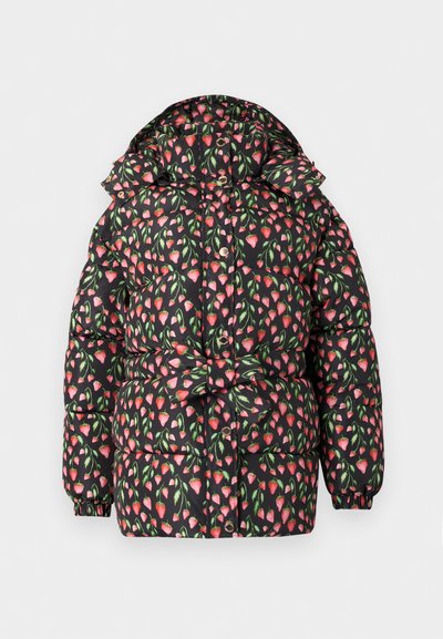 Μαύρο μπουφάν με φορεσιά λουλουδιών που χαρακτηρίζεται από ροζ και πράσινα τουλίπια, με κουκούλα και ελαστικούς ιμάντες. Κλείνει με κουμπιά μπροστά.