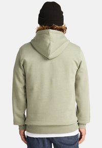 Hoodie verde chiaro con cappuccio regolabile e polsini a coste. Indossato con un berretto di maglia nero, visto da dietro, con una texture liscia.