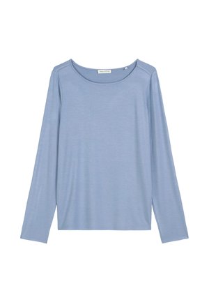 Helles blaues Langarmshirt mit Rundhalsausschnitt. Hergestellt aus weichem, glattem Stoff, mit einem lässigen Schnitt und dezenten Nahtdetails.