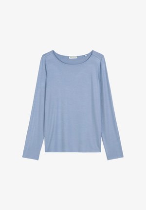 Chemise à manches longues bleu clair avec un col rond. Fabriquée en tissu doux et lisse, elle présente une coupe décontractée et de subtils détails de couture.