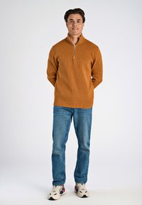 Pullover marrone a coste con colletto a zip fino a un quarto, indossato con jeans azzurri chiari e sneakers color crema. Presenta una vestibilità rilassata e un colore solido.