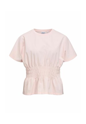 Svetloružová blúzka s krátkym rukávom, okrúhlym výstrihom a nariaseným elastickým pásom, vytvárajúca peplum efekt.