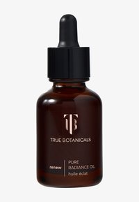 Bursztynowa butelka z kroplomierzem, z czarną nakrętką. Etykieta zawiera biały tekst i logo, w tym "Pure Radiance Oil" oraz "renew".