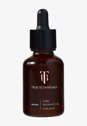 Flacon en verre ambré avec un compte-gouttes noir. L'étiquette présente un texte blanc et un logo, incluant « Huile Pure Radiance » et « renouveler ». 