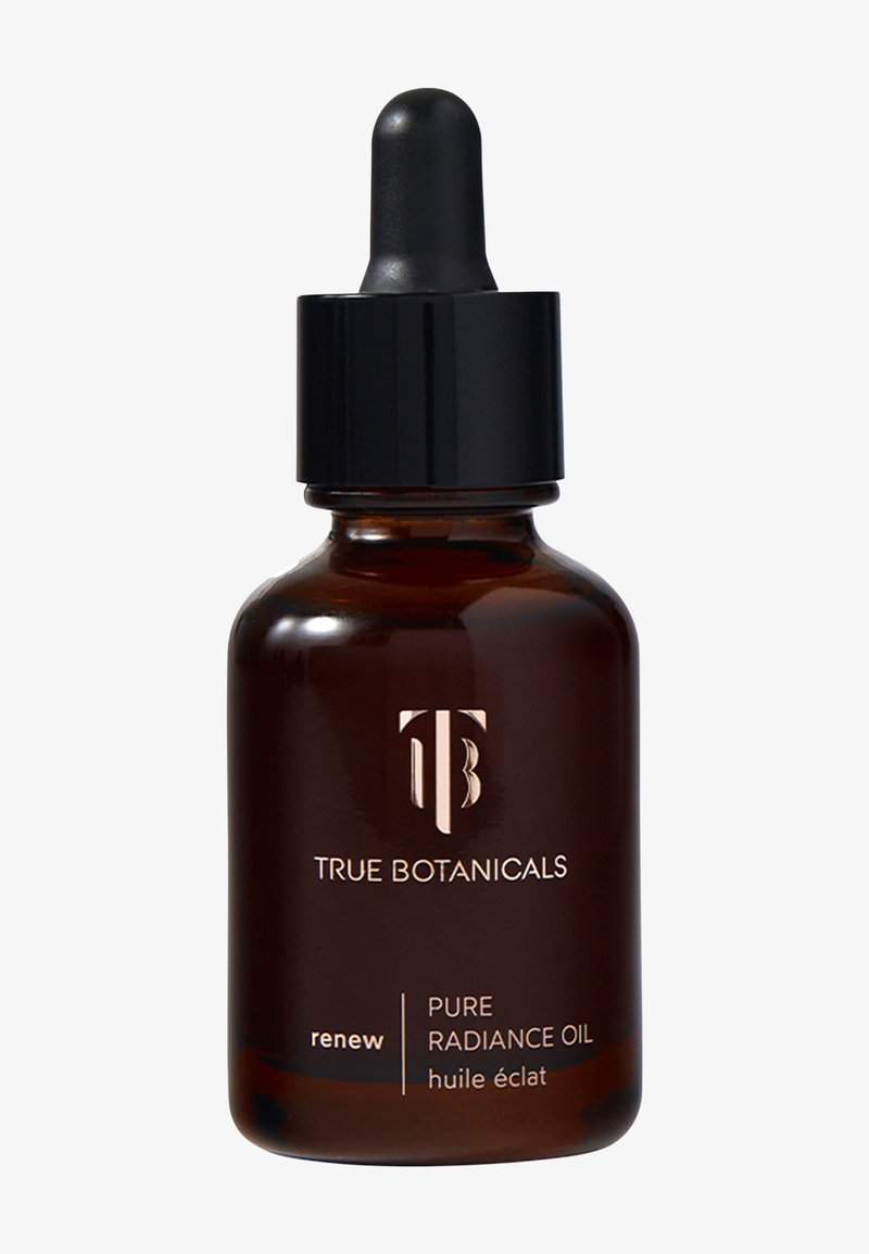 Bursztynowa butelka z kroplomierzem, z czarną nakrętką. Etykieta zawiera biały tekst i logo, w tym "Pure Radiance Oil" oraz "renew".