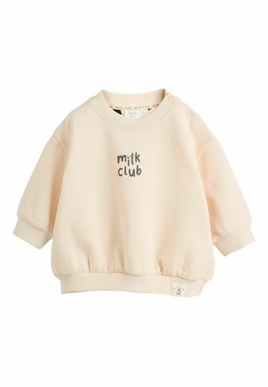 Helles rosa Sweatshirt mit geripptem Rundhalsausschnitt, aufgekrempelten Ärmeln und gerafftem Saum, mit "milk club" in Grau auf der Vorderseite bedruckt.