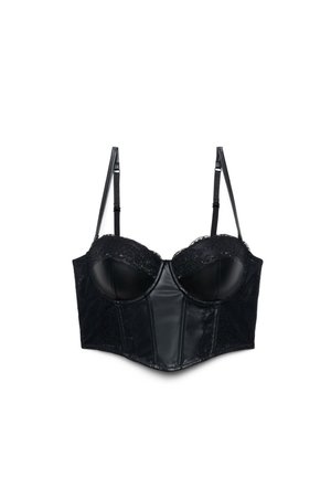 Bustier in pelle nera e pizzo con spalline regolabili e coppe strutturate, progettato per un look aderente in stile corsetto.