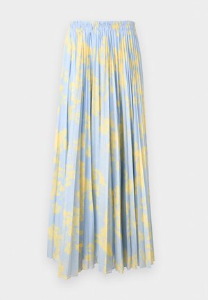 Jupe longue plissée avec taille élastique, base bleu clair et motif floral jaune.