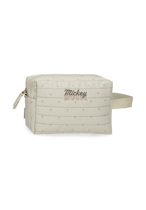 Bolsa de aseo rectangular beige con pequeños patrones de la cabeza de Mickey Mouse, "Mickey Mouse" bordado en el frente, cierre de cremallera y correa lateral para llevar.