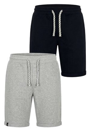Zwei Paar Herren-Casual-Shorts mit Kordelzug, eine hellgrau und eine schwarz, beide mit umgeschlagenem Saum.