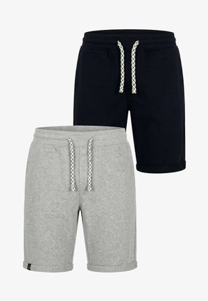 Zwei Paar Herren-Casual-Shorts mit Kordelzug, eine hellgrau und eine schwarz, beide mit umgeschlagenem Saum.