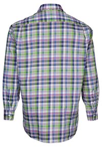 Overhemd met lange mouwen, voorzien van een meerkleurig geruit patroon in groen, paars, blauw en wit, met een button-down kraag en enkele manchetten.