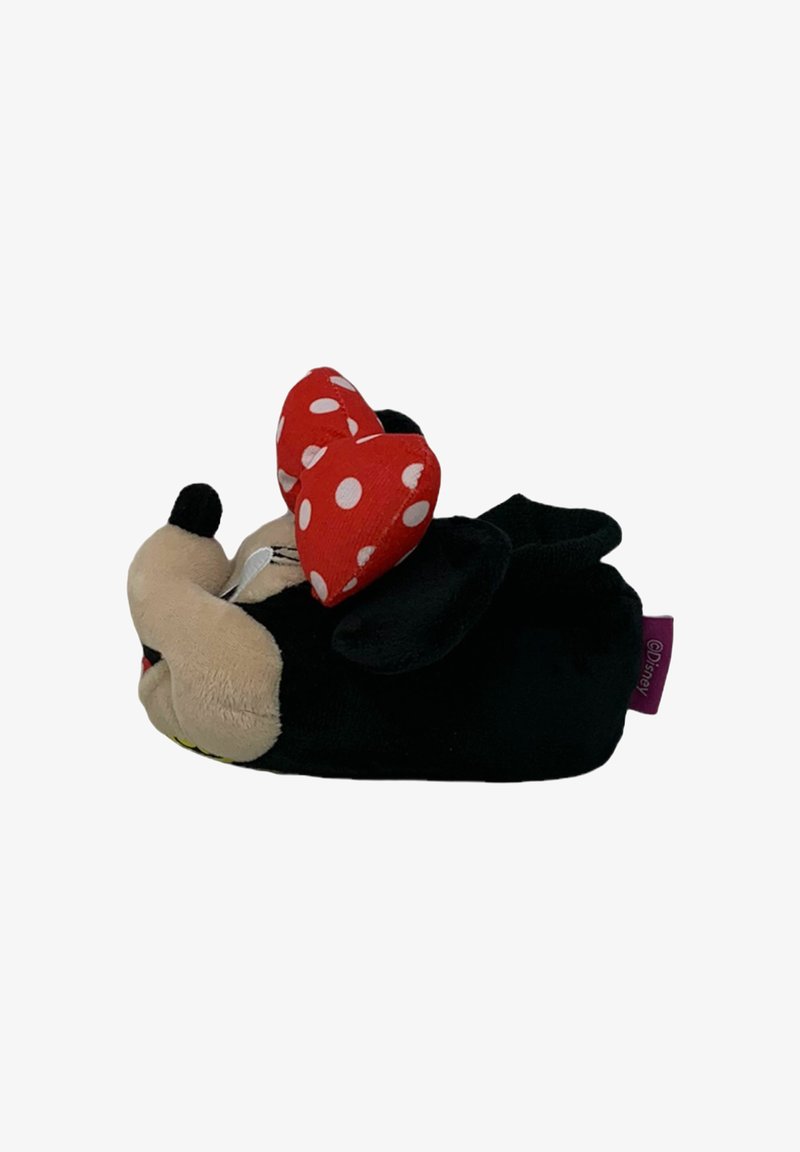 Pantofole Disney Minnie Mouse, in peluche nero con un fiocco rosso a pois, forma arrotondata, tessuto strutturato e lineamenti del viso delicati.
