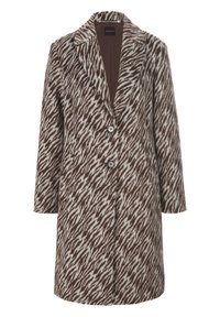 Wollen jas met een bruin-wit patroon, voorzien van een kraag, twee knopen aan de voorkant en zijzakken. Heeft een getailleerd ontwerp en schoudernaden.