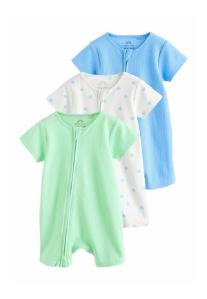 Drei Baby-Strampler mit Rippenstruktur in Pastellblau, Weiß mit blauen Sternen und Hellgrün, alle mit kurzen Ärmeln und Reißverschlüssen vorne.