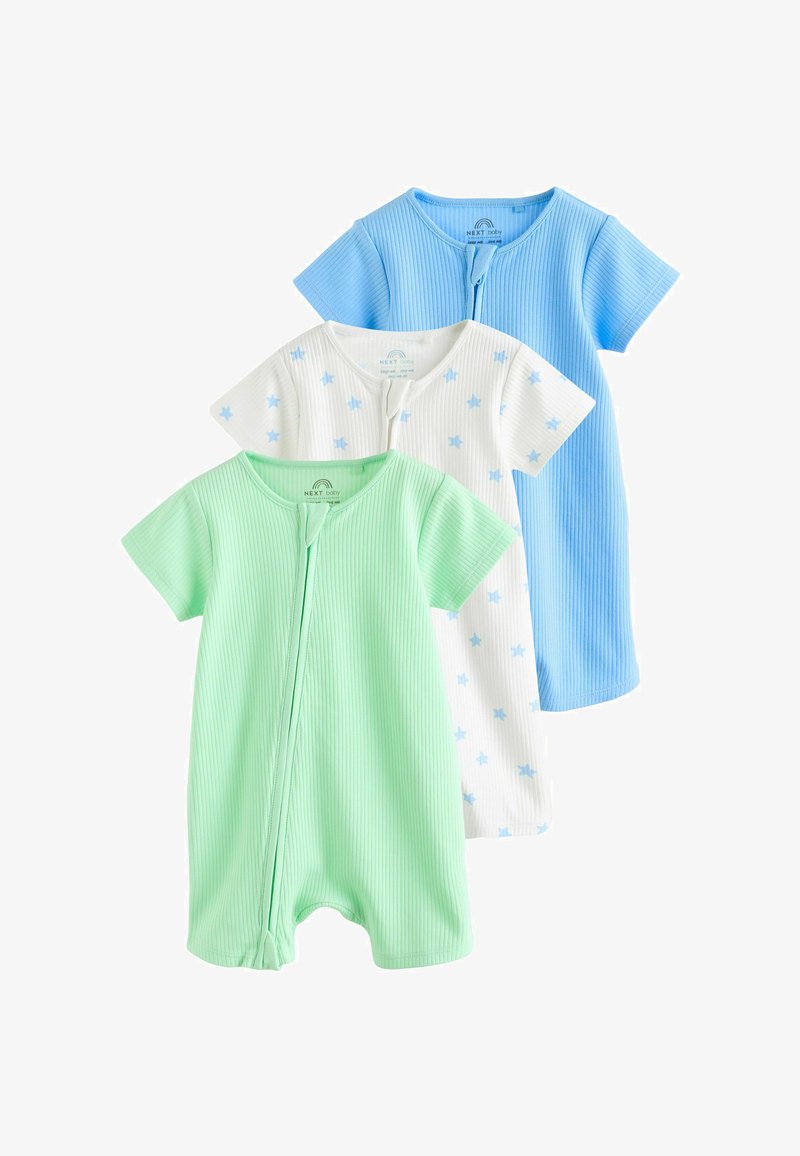 Trois grenouillères pour bébé côtelées dans des tons pastel : bleu pâle, blanc avec des étoiles bleues, et vert clair, toutes à manches courtes et zips à l'avant.
