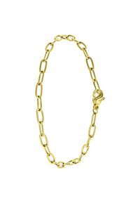 Gold chain bracelet with interlocking oval links and a lobster clasp closure. Smooth metallic surface with a shiny finish.