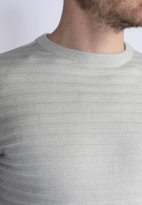 Jasnoszary sweter dziany z okrągłym dekoltem z prążkami i subtelnymi poziomymi paskami. Materiał wydaje się miękki i teksturowany.