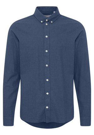 Navy blue long-sleeve shirt made of textured fabric, featuring a button-down collar and white buttons along the front placket.