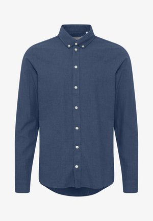 Navy blue long-sleeve shirt made of textured fabric, featuring a button-down collar and white buttons along the front placket.
