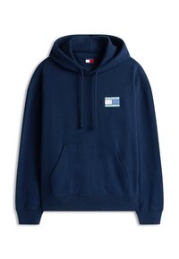 Μπλε ναυτικό φούτερ από απαλό ύφασμα με μπροστινή τσέπη, κουκούλα με κορδόνι και ορθογώνιο λογότυπο με ρίγες σε μπλε και τιρκουάζ χρώμα.