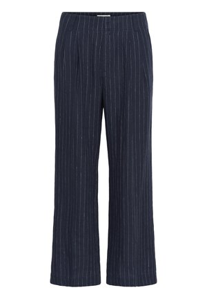 Pantaloni drepti albastru marin cu dungi albe subțiri, bucle pentru curea și pliuri frontale.