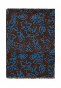 Blue floral and fruit pattern on a brown fabric, featuring pineapples, flowers, and leaves. Edges are fringed.