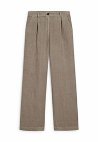 Pantalon large en lin de couleur brun clair, doté d'une fermeture à boutons, d'un devant plissé et de poches latérales pour plus de praticité.