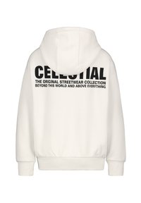 Weißer Hoodie mit einer entspannten Passform, auf der Rückseite mit schwarzem grafischem Text: "CELESTIAL THE ORIGINAL STREETWEAR COLLECTION."
