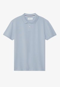 Light blue polo shirt with a collared neck, featuring a three-button placket and short sleeves. Made of smooth, breathable fabric.