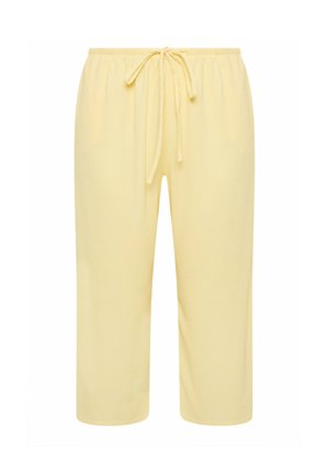 Pantaloni giallo chiaro a vestibilità ampia con vita elasticizzata e coulisse frontale, lunghezza corta, realizzati in tessuto leggero e strutturato.