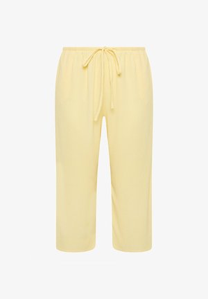 Light yellow loose-fit pants with elastic waistband and front drawstring, cropped length, made of lightweight textured fabric.