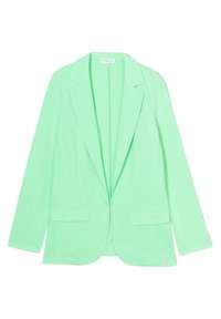 Blazer vert menthe en tissu doux, avec col à revers, deux poches frontales et manches longues, coupe ajustée.