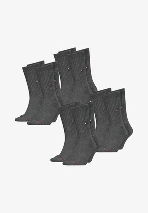 Dunkelgraue Baumwollsocken im Crew-Stil, mit geripptem Textur, versehen mit kleinen roten, weißen und blauen Logo-Akzenten in der Nähe des Knöchels, verpackt in Sets von fünf.