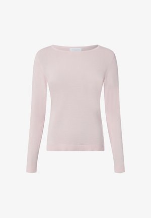Maglione rosa chiaro a maniche lunghe in morbido tessuto a maglia, con scollo rotondo e polsini e orlo a coste per una vestibilità confortevole.