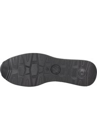 Suela de zapato de goma negra con superficie texturizada, que presenta un patrón de banda de rodadura multidireccional y dos hendiduras circulares. Talla marcada como 38.