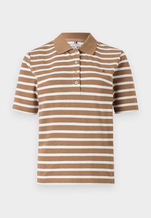 Hnědý a bílý pruhovaný polo triko s přiléhavým střihem, krátkými rukávy, límečkem a zapínáním na tři knoflíky. Má logo značky na hrudi.