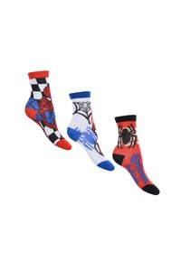 Tre paia di calzini per bambini con design di Spider-Man. I colori includono rosso, blu, nero e bianco. Ogni calzino presenta grafiche e motivi diversi.
