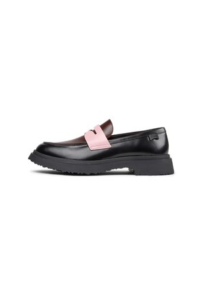 Black leather loafers with a brown and pink accent strap, thick black sole with textured tread, sleek design.