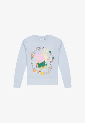 Felpa azzurra chiara con una grafica centrale che presenta un maiale e un coniglio circondati da fiori e il testo "La felicità è". Materiale in cotone.