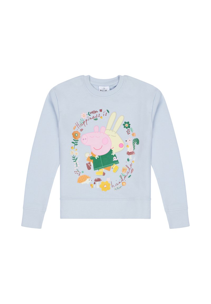 Sweatshirt bleu clair avec un graphisme central représentant un cochon et un lapin entourés de fleurs, accompagné du texte "Le bonheur est". Matière en coton.