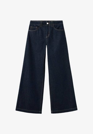 Dark blue wide-leg denim jeans with front and coin pockets, button closure, and contrast stitching.