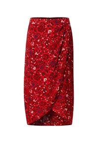 Roter floral gemusterter Rock mit Wickeldesign, der eine Mischung aus bunten Mustern und einer glatten Textur aufweist. Er reicht bis kurz über das Knie.